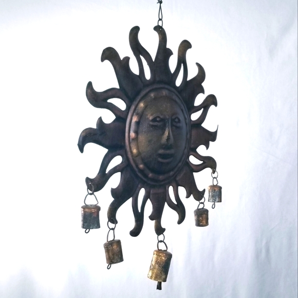 Sun Face Wind Chime Garden Art Copper Metal Work Rustic Whimsical - Picture 5 of 9